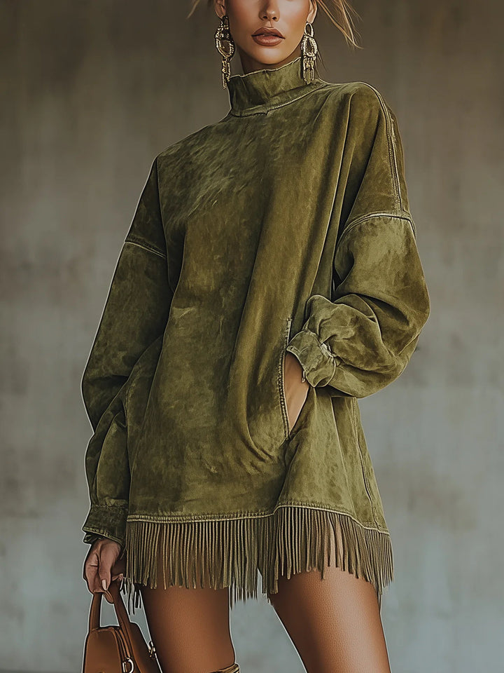 Nancy | Robe Turtleneck en Suède Synthétique à Franges