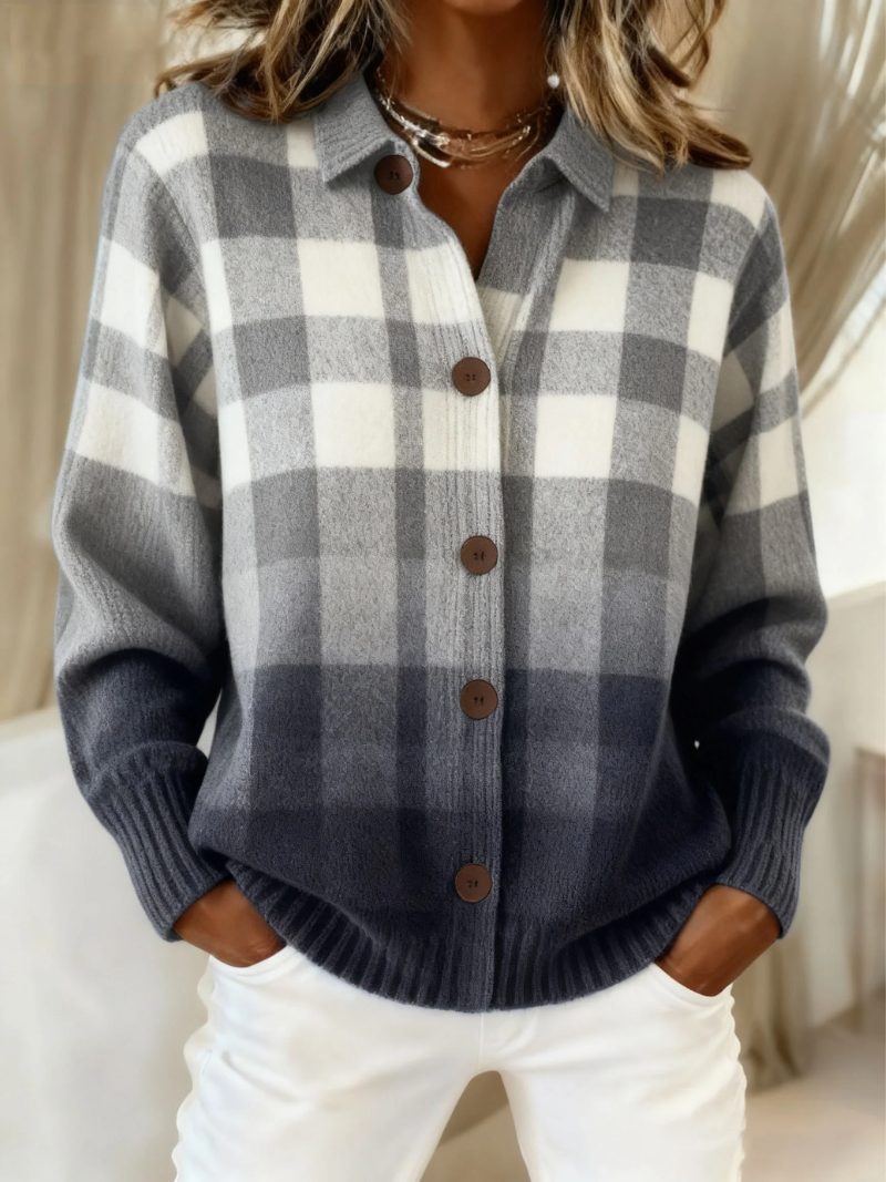 Agnes | Cardigan Boutonné à Carreaux Ombre Grise