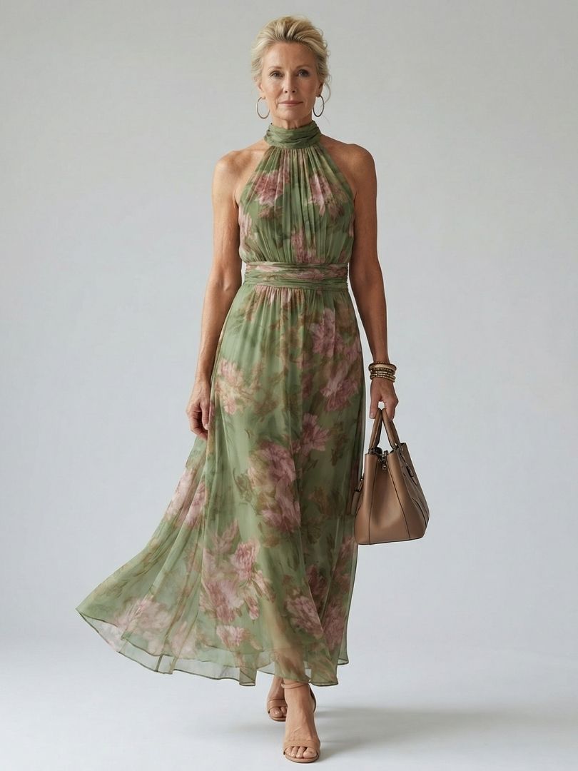 Mireille | Robe Midi à Encolure Halter Froncée
