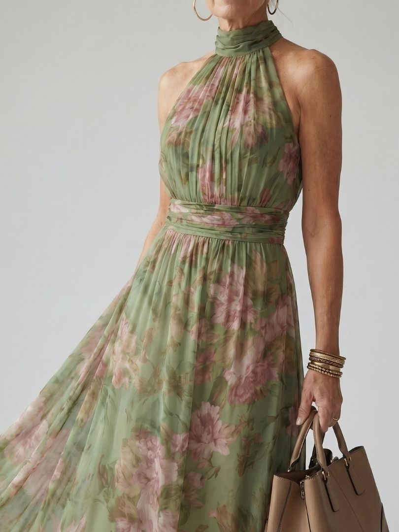 Mireille | Robe Midi à Encolure Halter Froncée