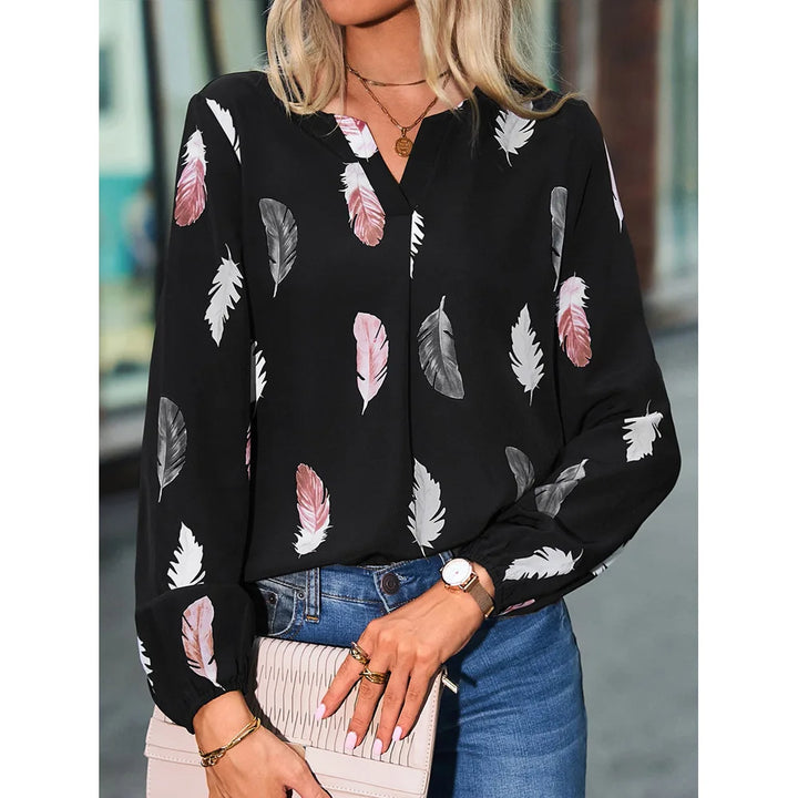 Céline | Blouse Fluide à Motif Plumes