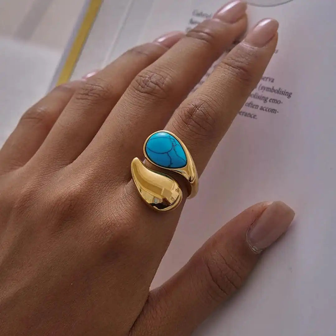 Bague en Pierre de Larmes Turquoise Ajustable en Or