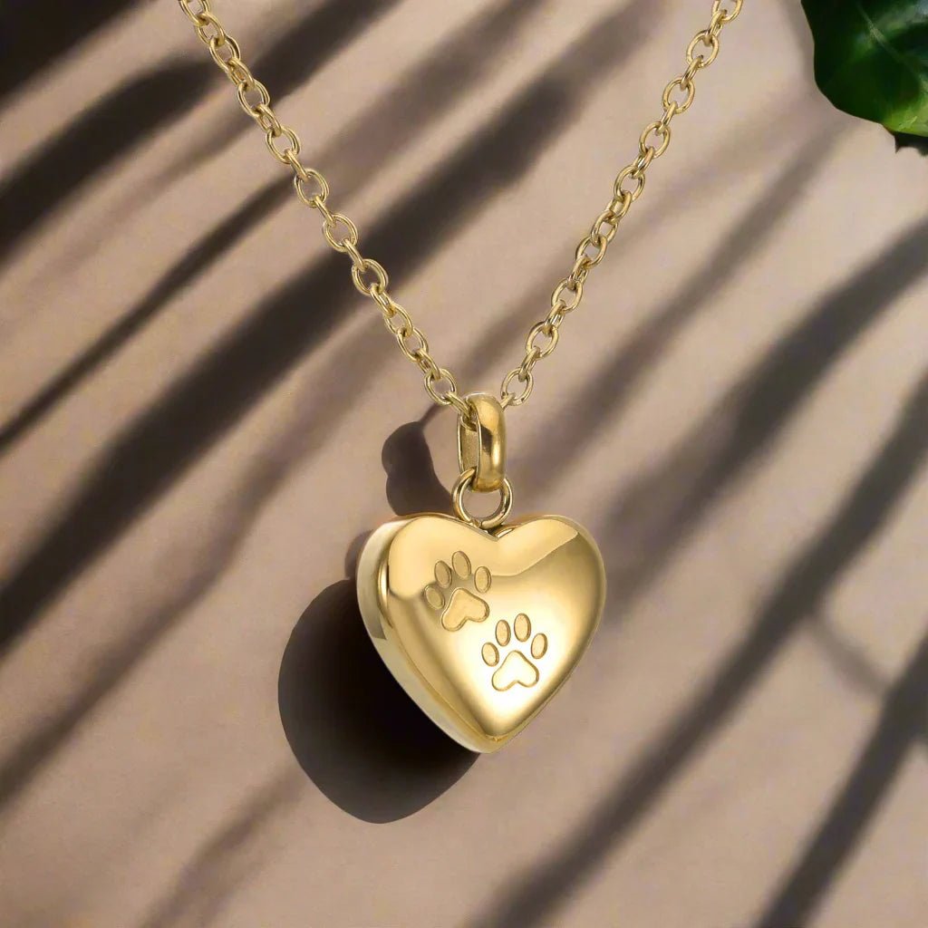 Collier Urne Mémorial pour Animaux – Pendentif en Forme de Cœur avec Gravure de Patte