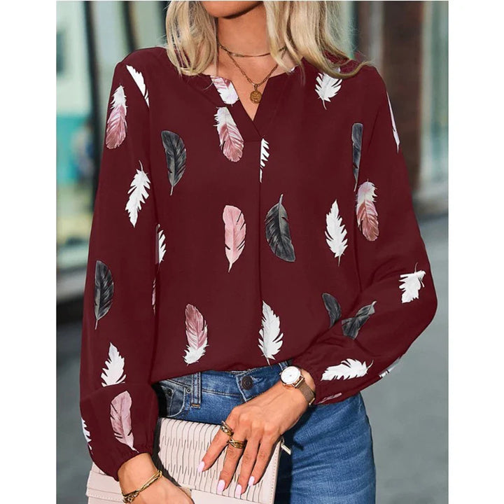 Céline | Blouse Fluide à Motif Plumes