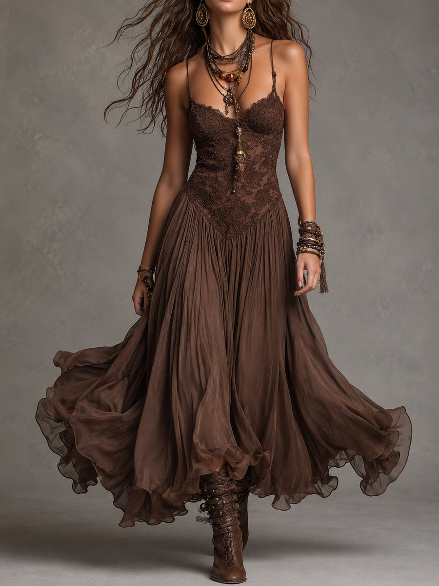 Robe Maxi en Chiffon avec Panneaux en Dentelle Marron Foncé