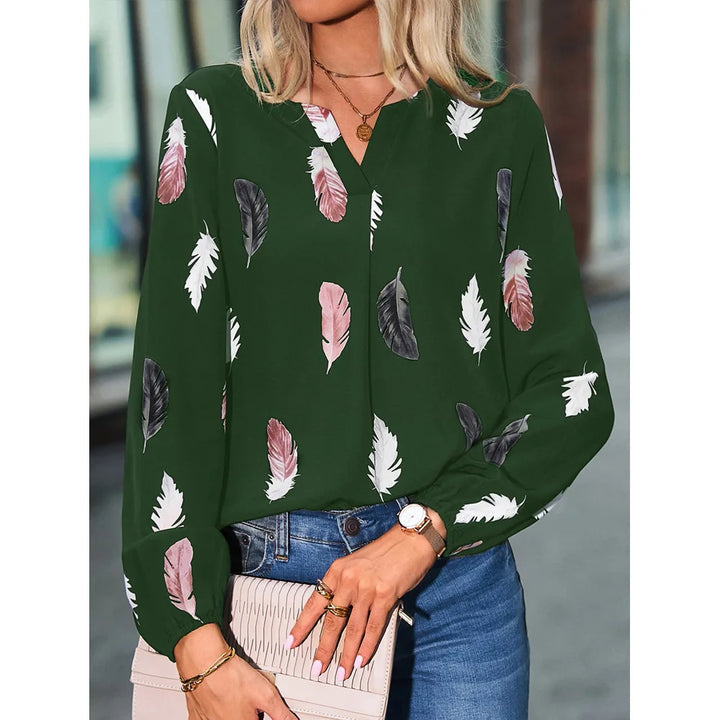 Céline | Blouse Fluide à Motif Plumes