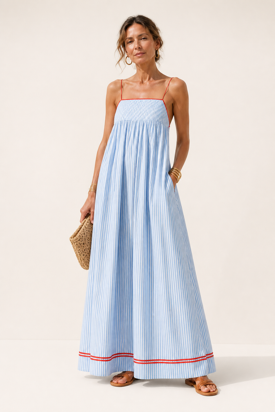 Robe Maxi à Rayures avec Détails Contrastés