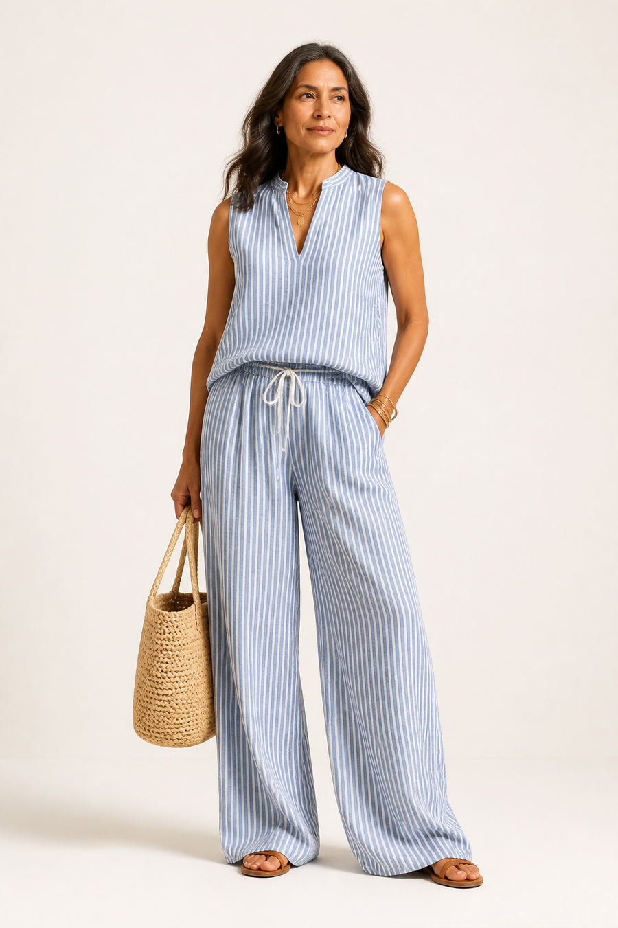 Ensemble de Pantalon à Rayures d'Été