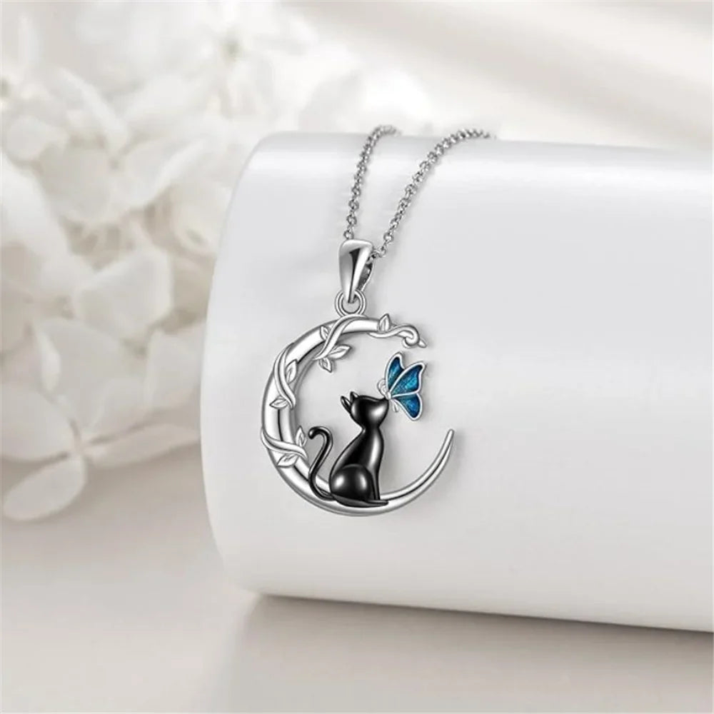 Collier Pendentif en Cristal de Chat de Lune et Papillon