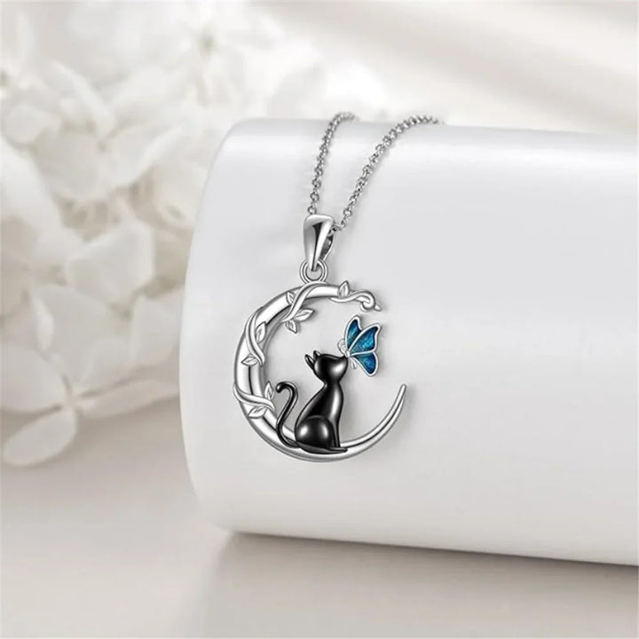 Collier Pendentif en Cristal de Chat de Lune et Papillon