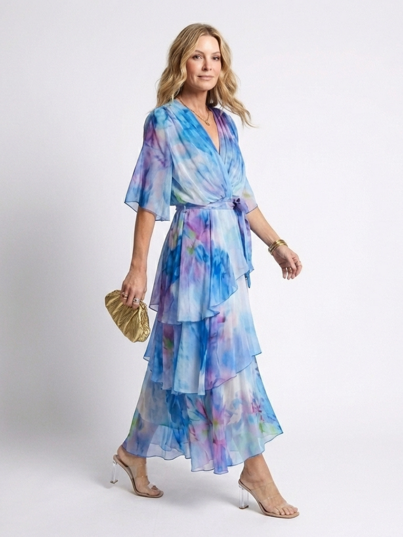 Calista | Robe maxi à décolleté en V, taille à nouer, en couches transparentes