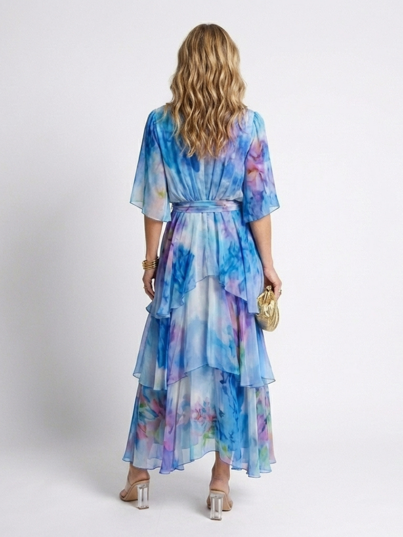Calista | Robe maxi à décolleté en V, taille à nouer, en couches transparentes