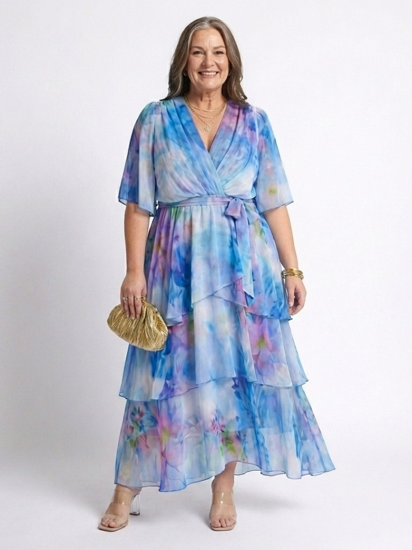 Calista | Robe maxi à décolleté en V, taille à nouer, en couches transparentes