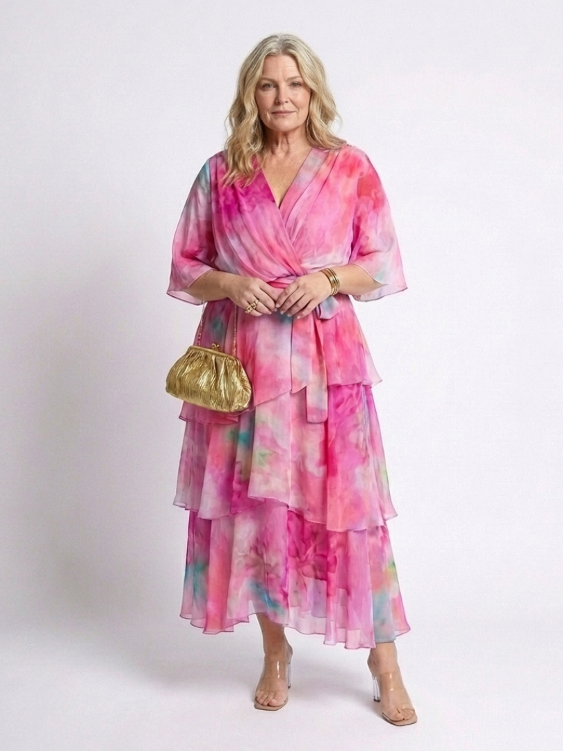 Calista | Robe maxi à décolleté en V, taille à nouer, en couches transparentes