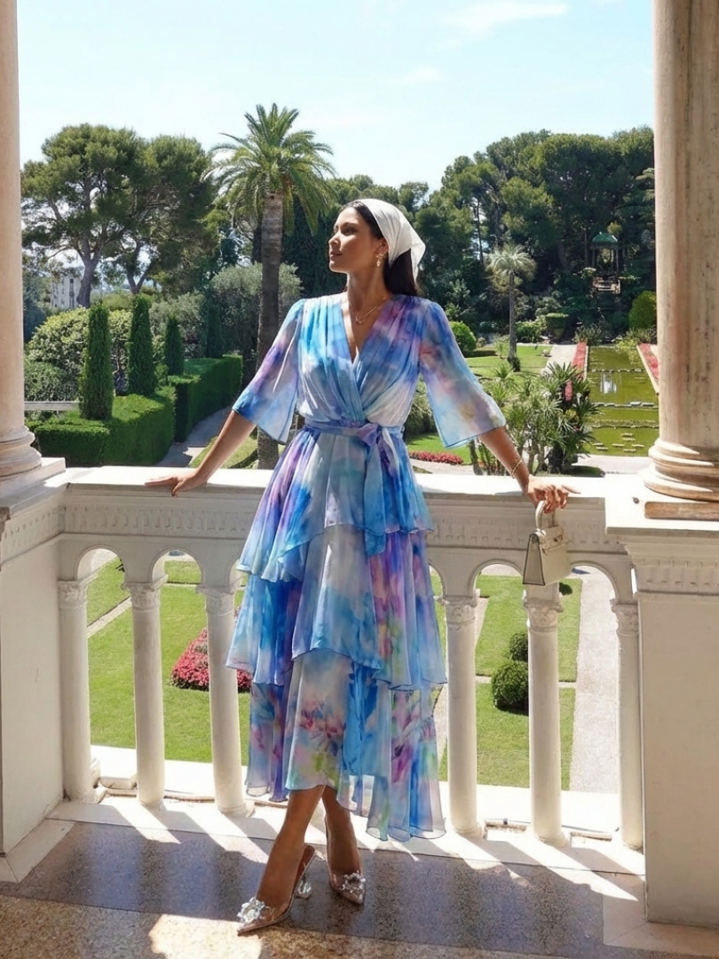 Calista | Robe maxi à décolleté en V, taille à nouer, en couches transparentes