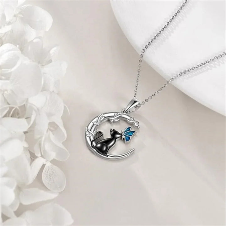 Collier Pendentif en Cristal de Chat de Lune et Papillon