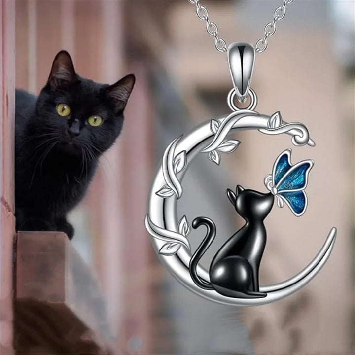 Collier Pendentif en Cristal de Chat de Lune et Papillon