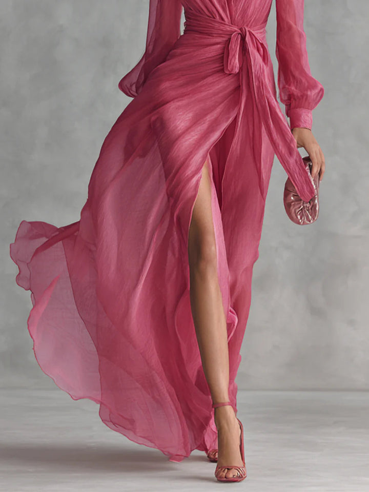 Beatrice | Robe Longue Élegante en Chiffon à Décolleté en V et Ceinture