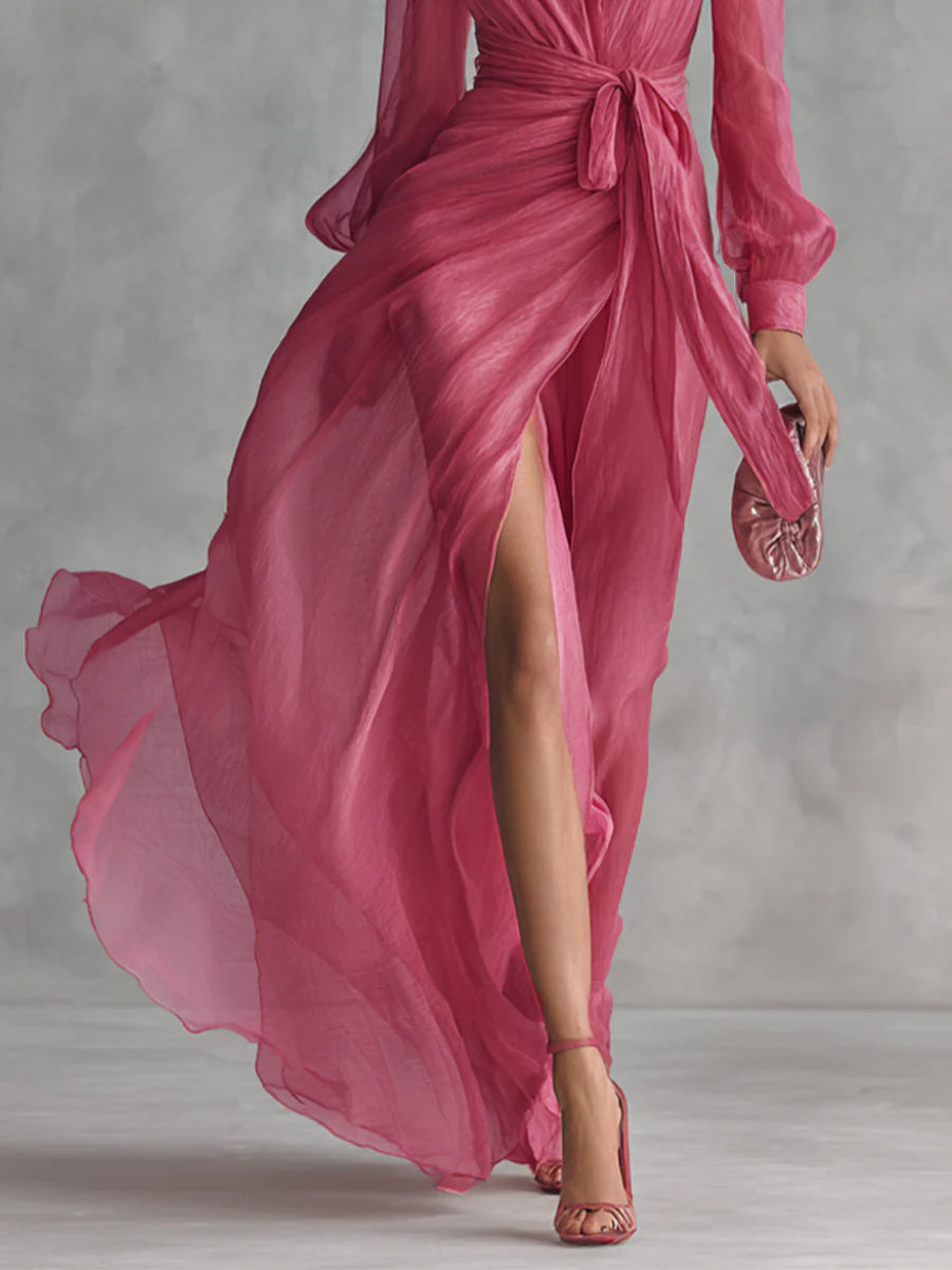 Beatrice | Robe Longue Élégante en Chiffon à Encolure en V et Taille Liée
