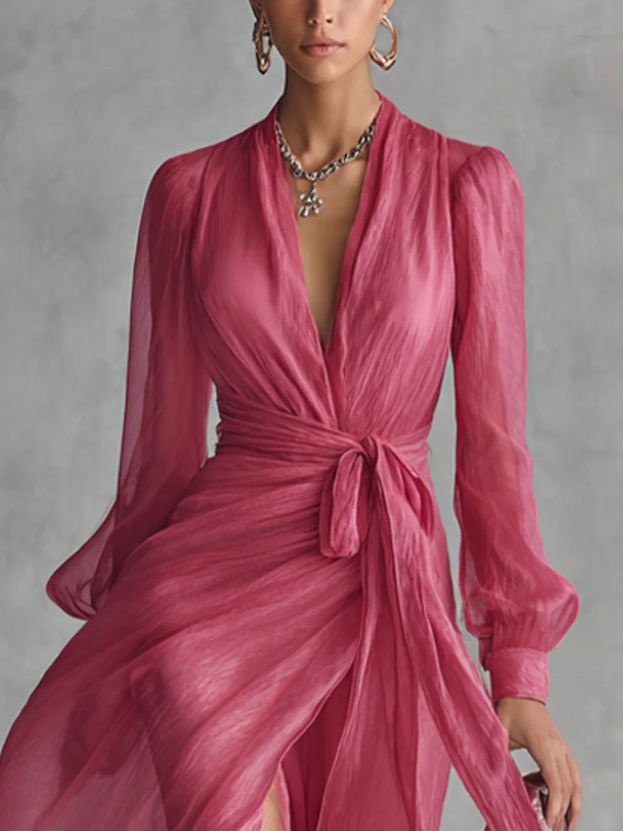 Beatrice | Robe Longue Élégante en Chiffon à Encolure en V et Taille Liée