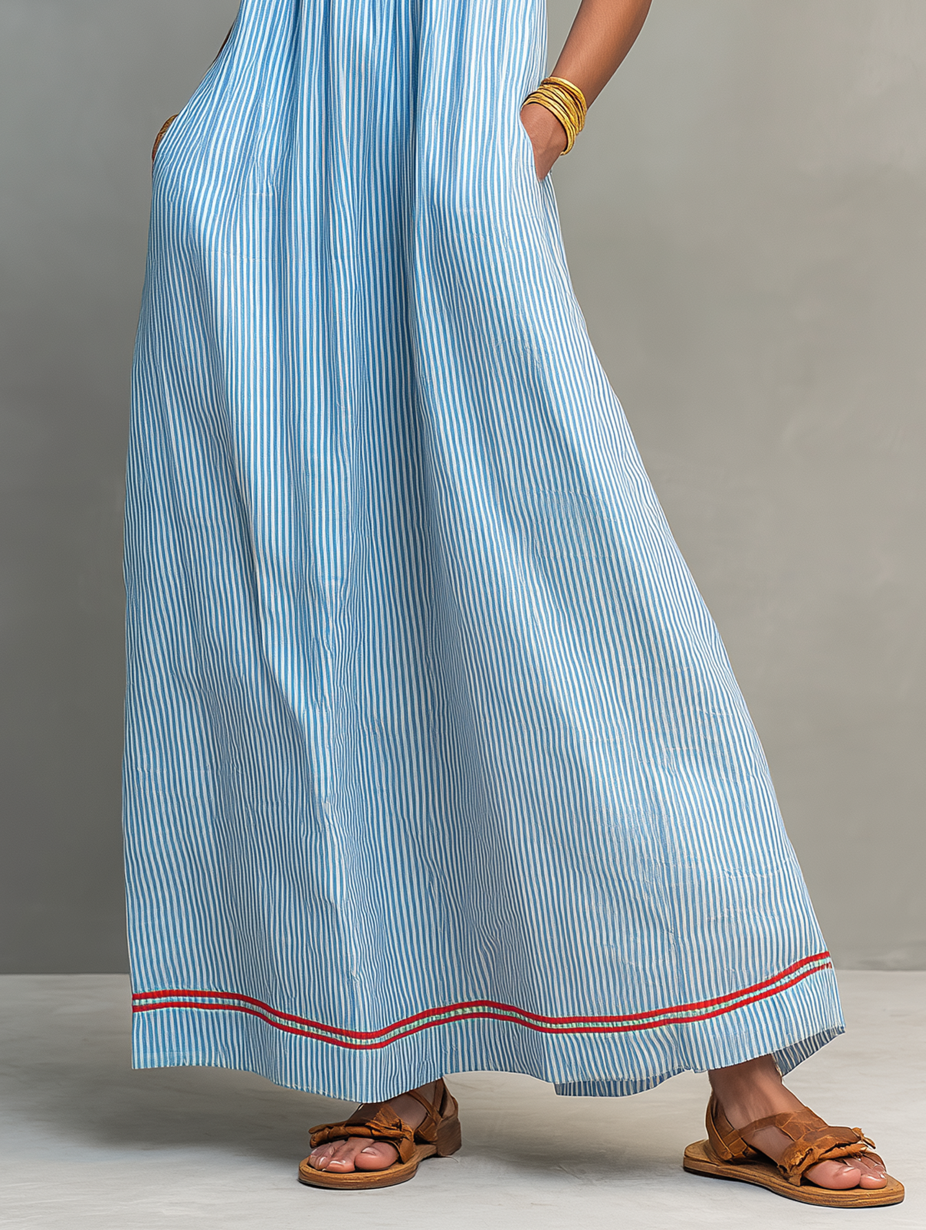Robe Maxi à Rayures avec Détails Contrastés