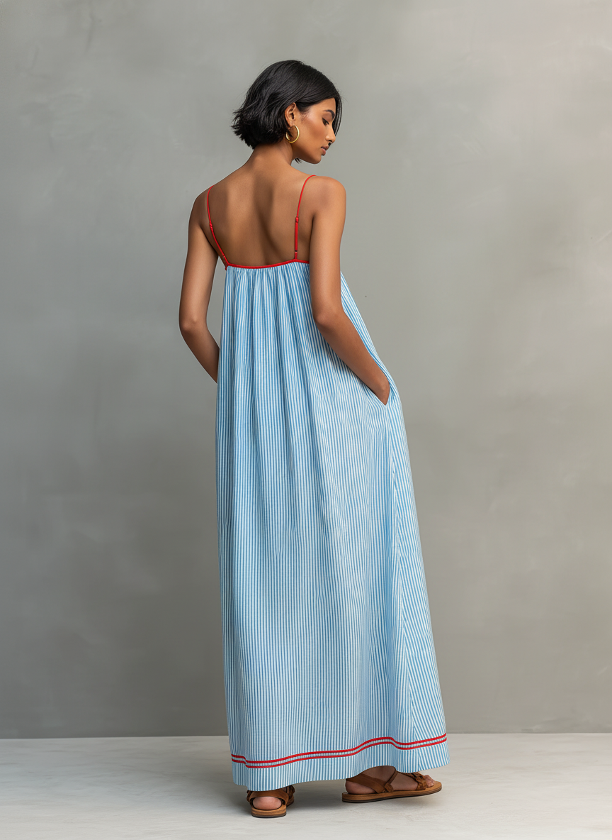 Robe Maxi à Rayures avec Détails Contrastés