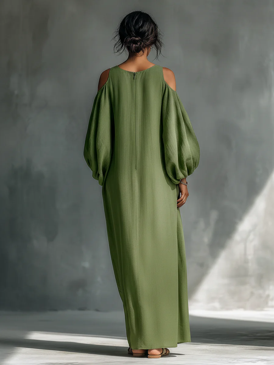Anika | Robe Maxi à Manches Bouffantes Décolletée Verte