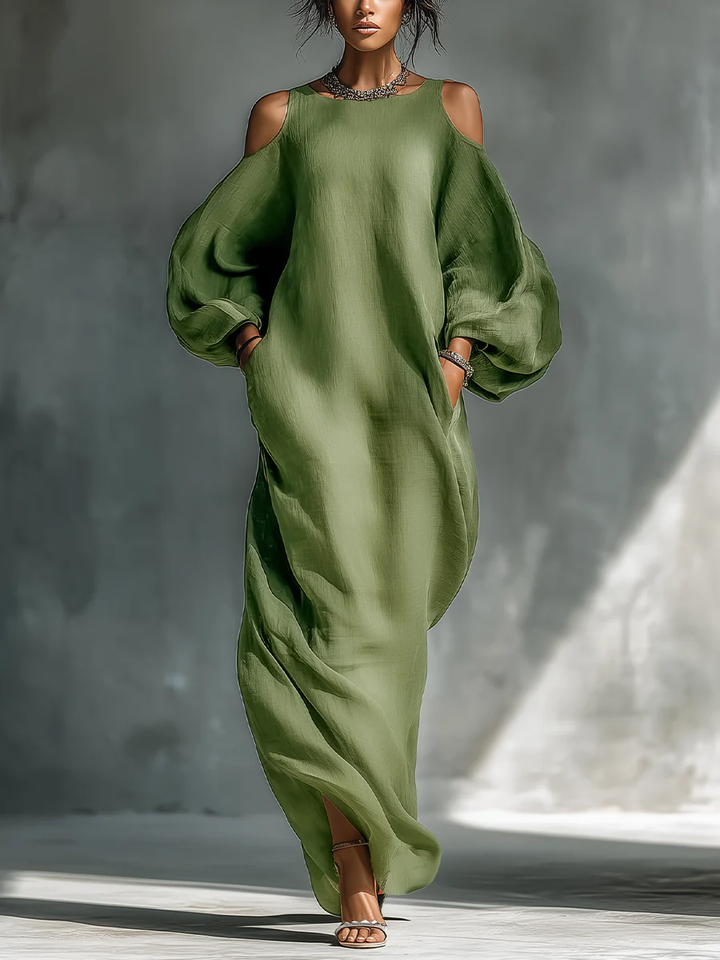 Anika | Robe Maxi à Manches Bouffantes Décolletée Verte