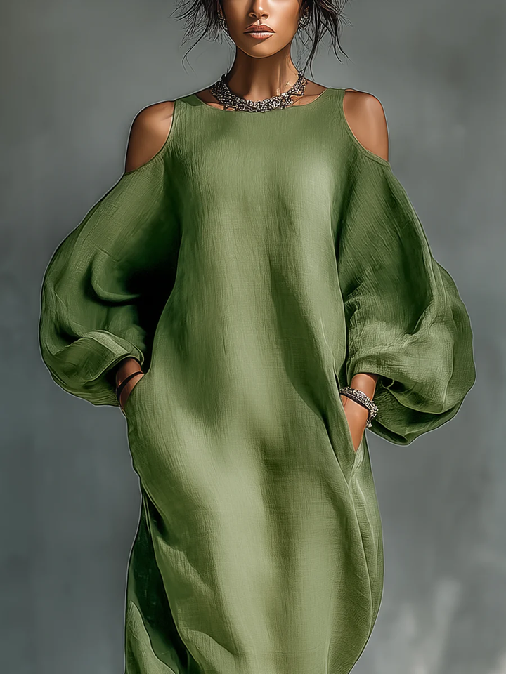 Anika | Robe Maxi à Manches Bouffantes Décolletée Verte