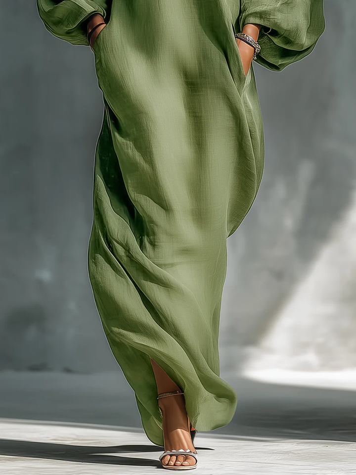 Anika | Robe Maxi à Manches Bouffantes Décolletée Verte