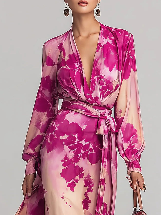 Julia | Robe Maxi Ceinturée à V en Fleurs Roses