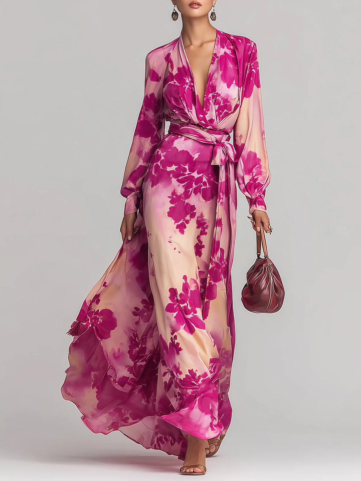 Julia | Robe Maxi Ceinturée à V en Fleurs Roses