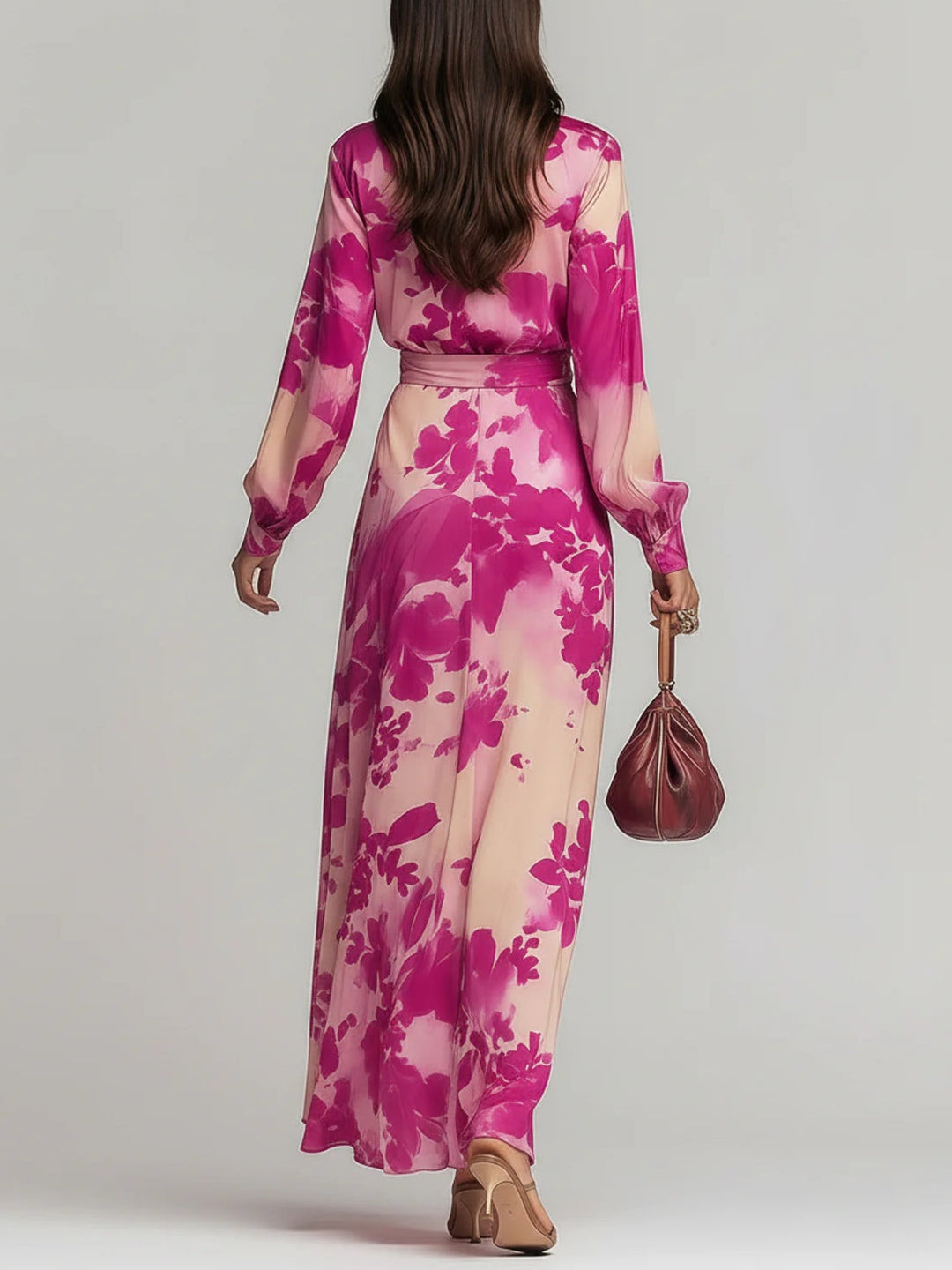 Julia | Robe Maxi Ceinturée à V en Fleurs Roses