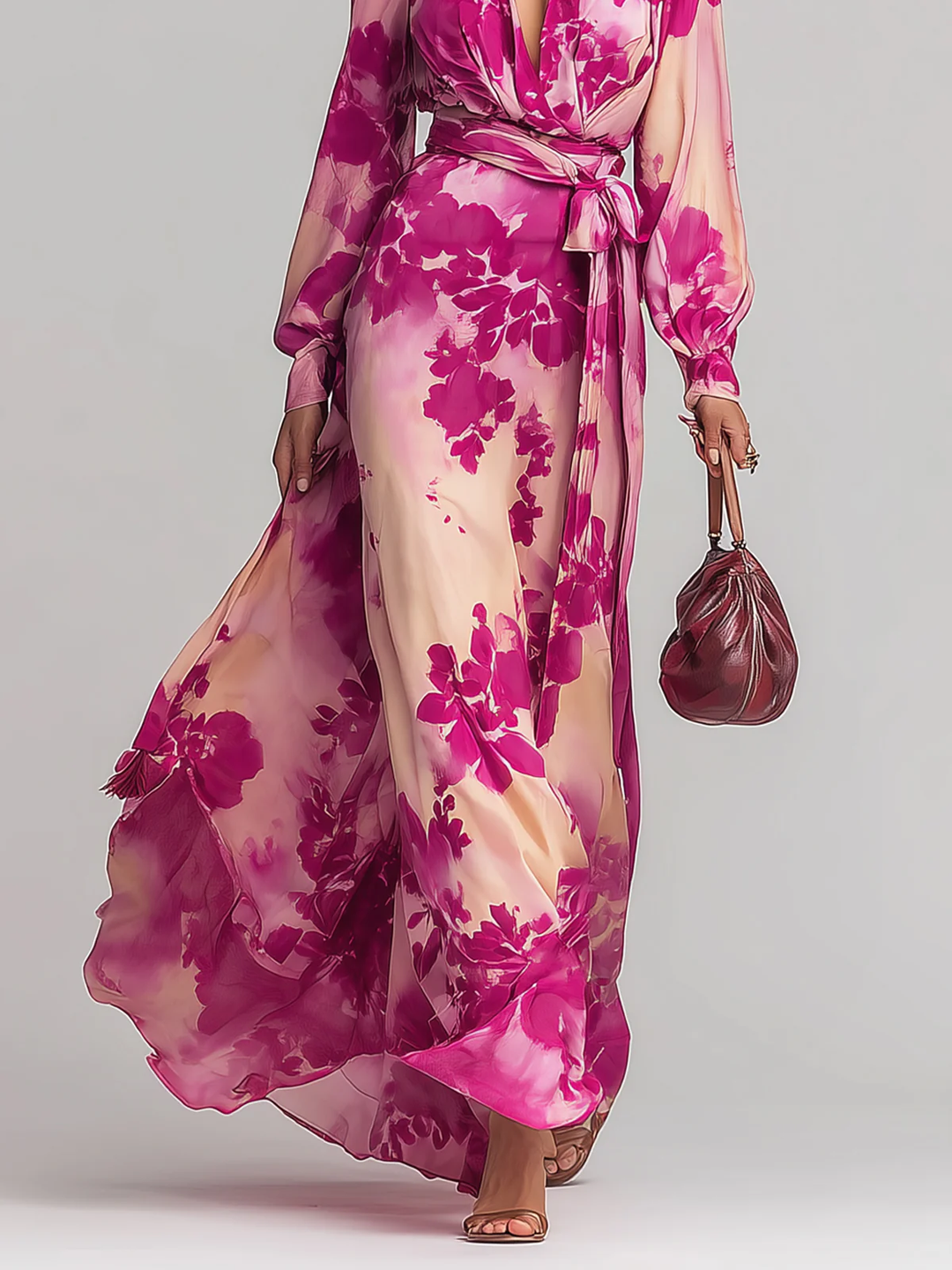Julia | Robe Maxi Ceinturée à V en Fleurs Roses