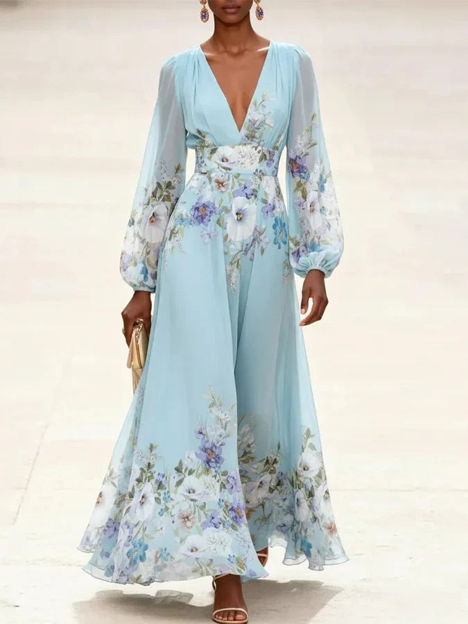Mia | Robe Maxi Viscose Fleurie Bleu Clair