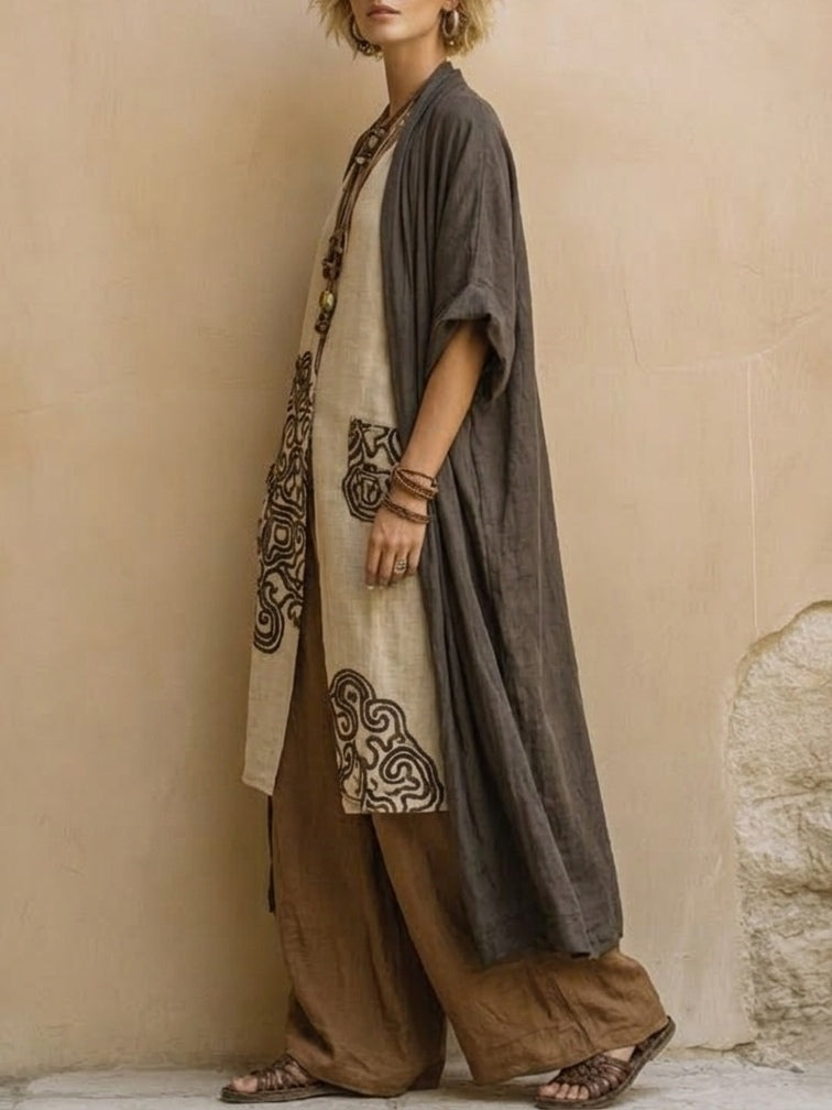 Sophie | Ensemble de trois pièces à imprimé tribal gris foncé et marron