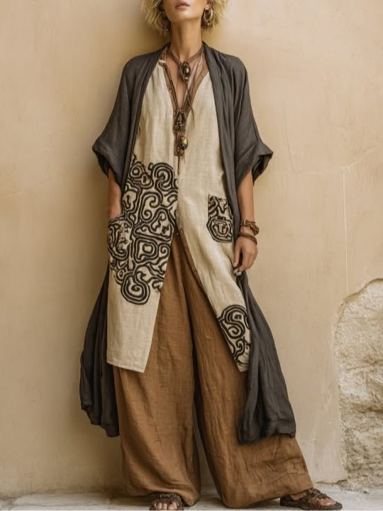 Sophie | Ensemble de trois pièces à imprimé tribal gris foncé et marron