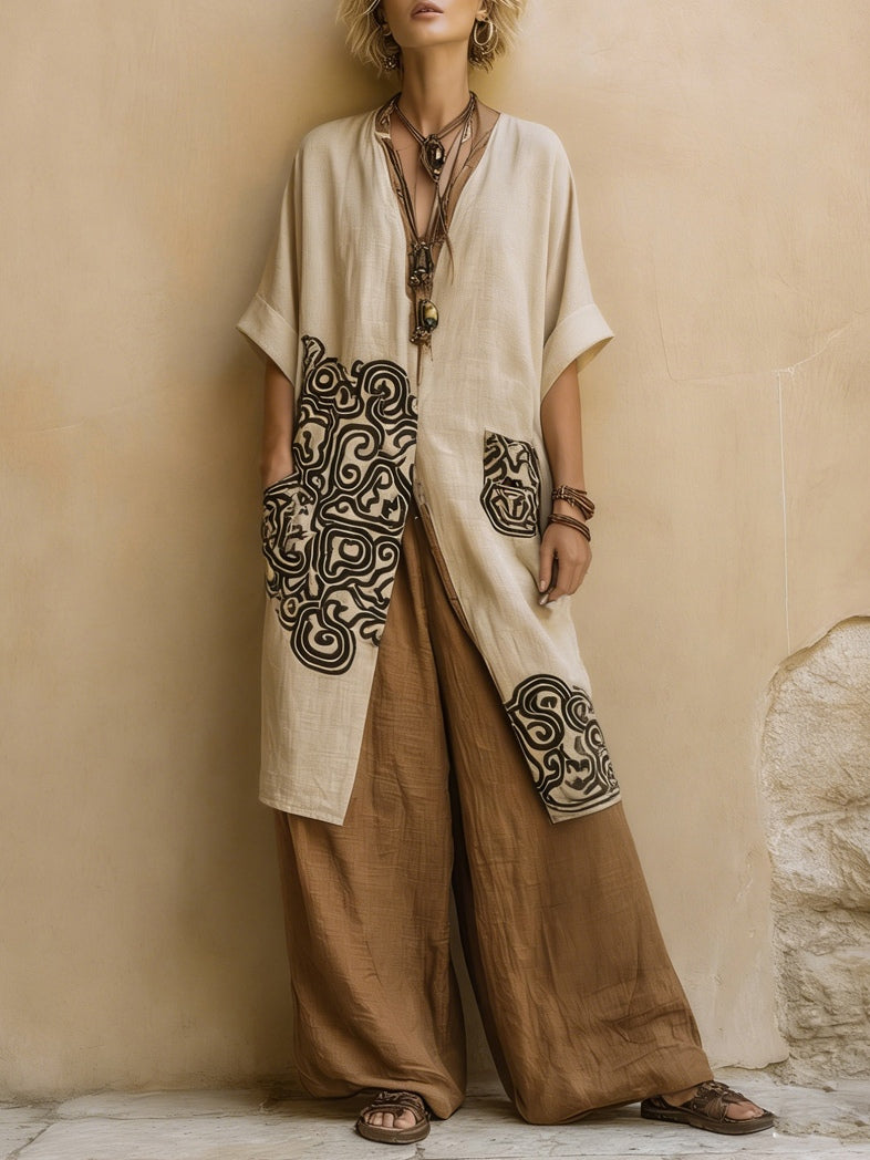 Sophie | Ensemble de trois pièces à imprimé tribal gris foncé et marron