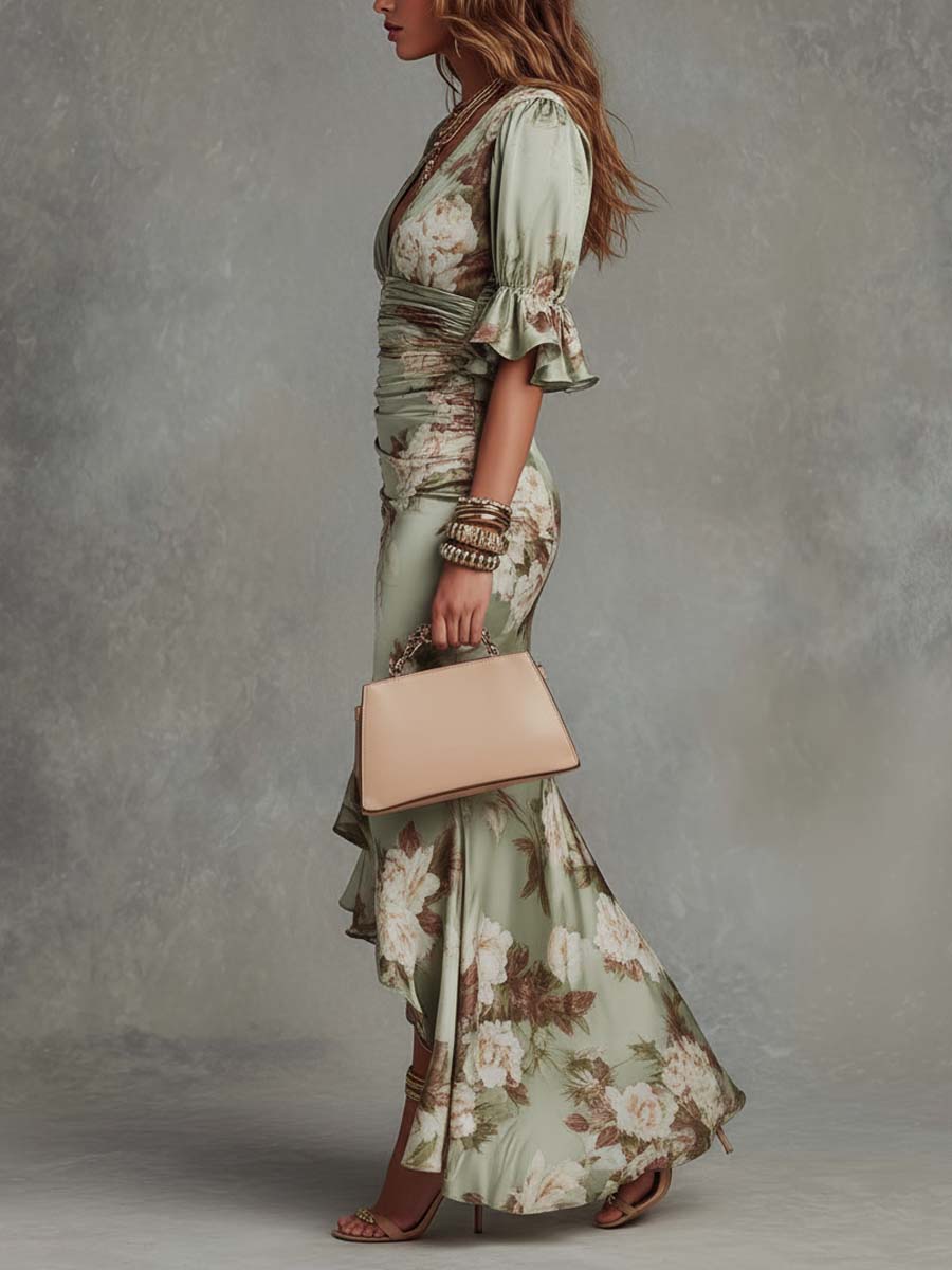 Anna | Robe Longue Florale Manches Bouffantes