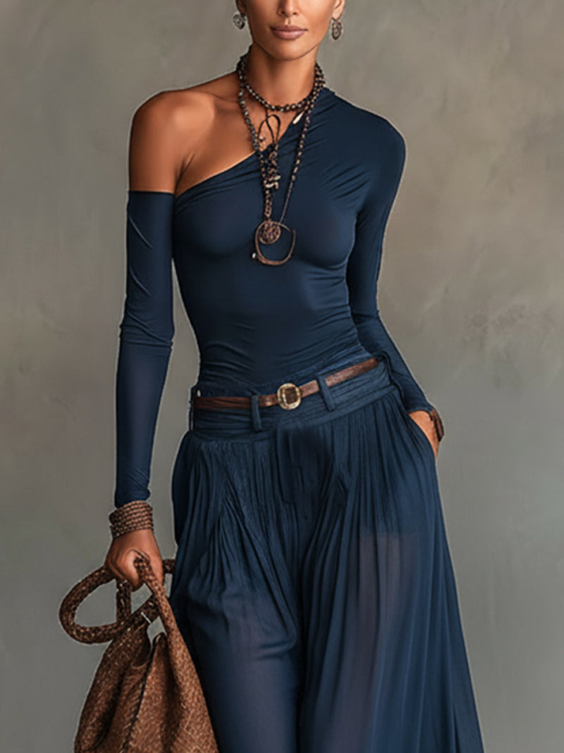 Lore | Ensemble Top Une Épaule Marine et Jupe