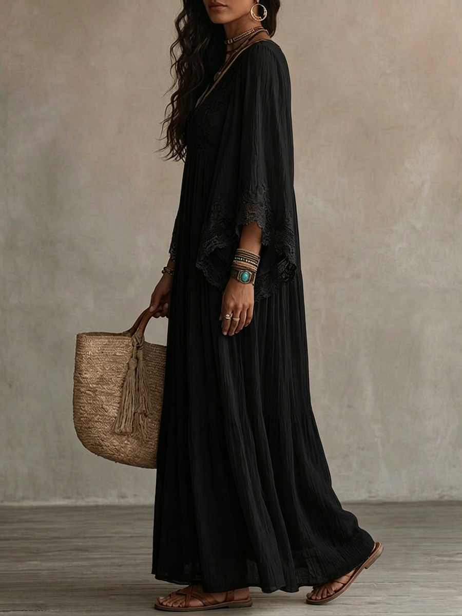 Robe Maxi Chiffon Noire à Manches Batwing et Décolleté en V