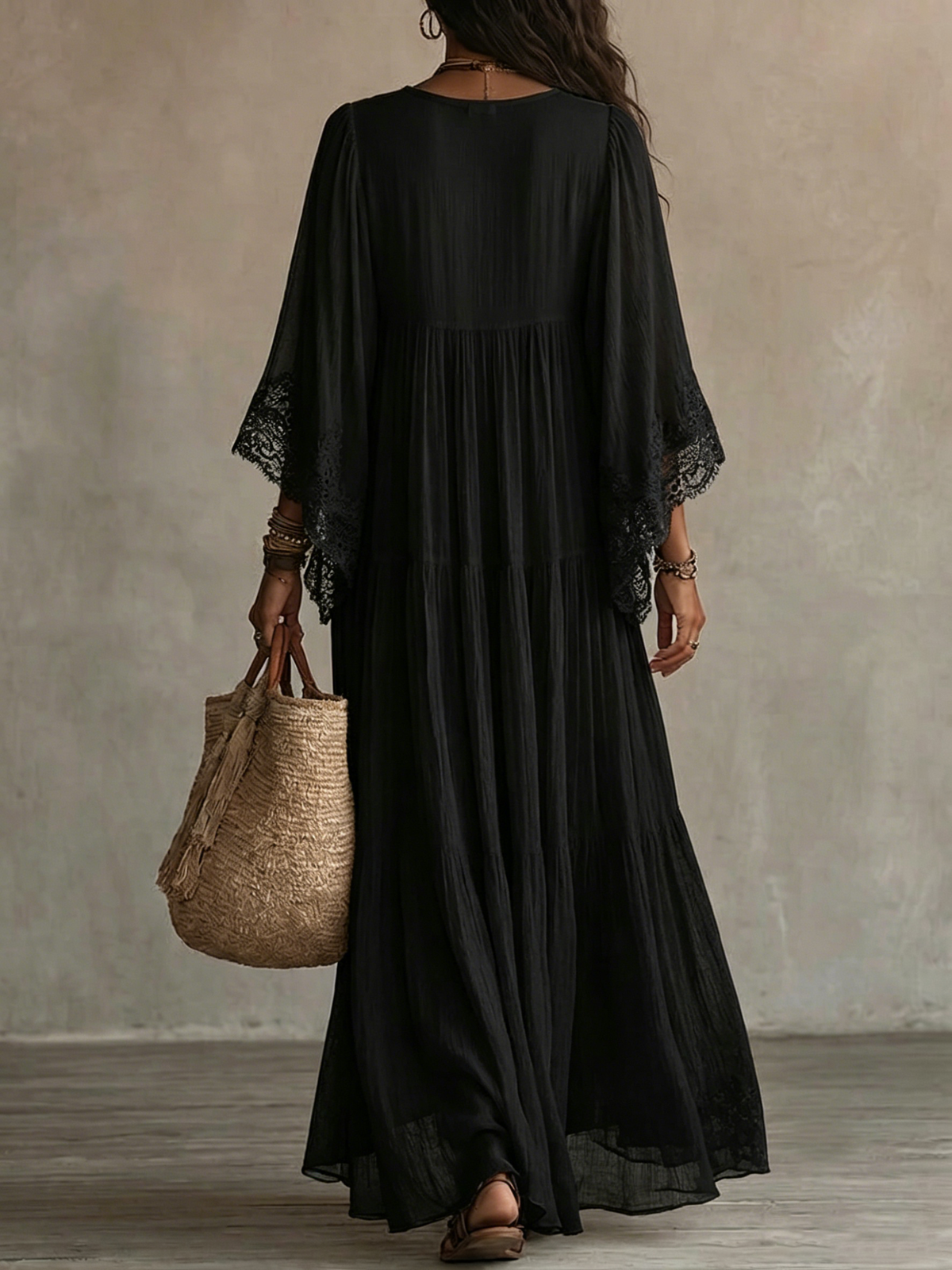 Robe Maxi Chiffon Noire à Manches Batwing et Décolleté en V