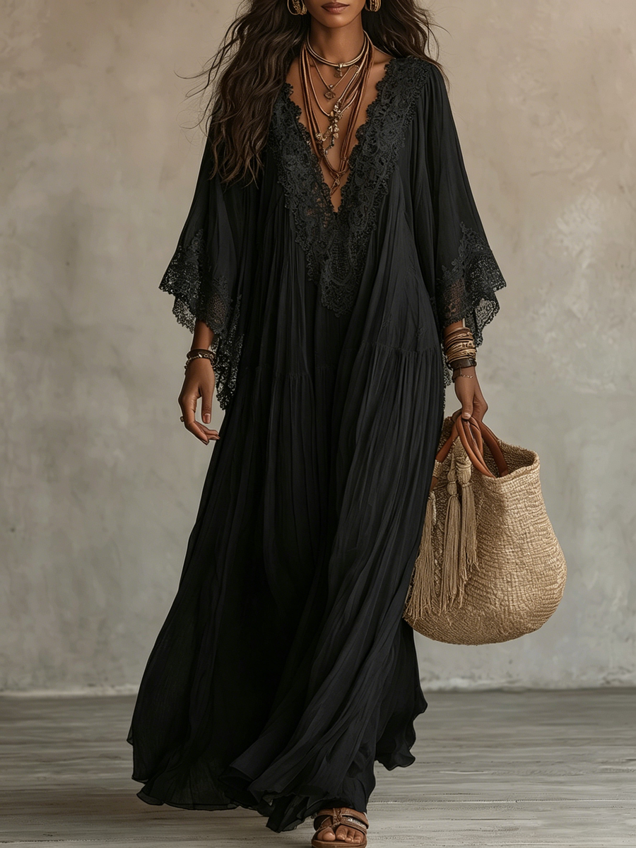 Robe Maxi Chiffon Noire à Manches Batwing et Décolleté en V
