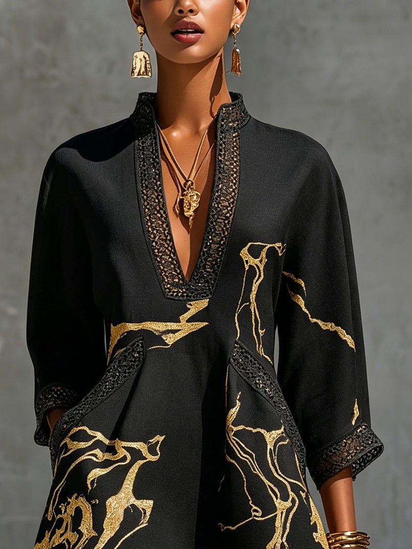 Robe Mini en Dentelle au Crochet Imprimée Noir Or à Col V