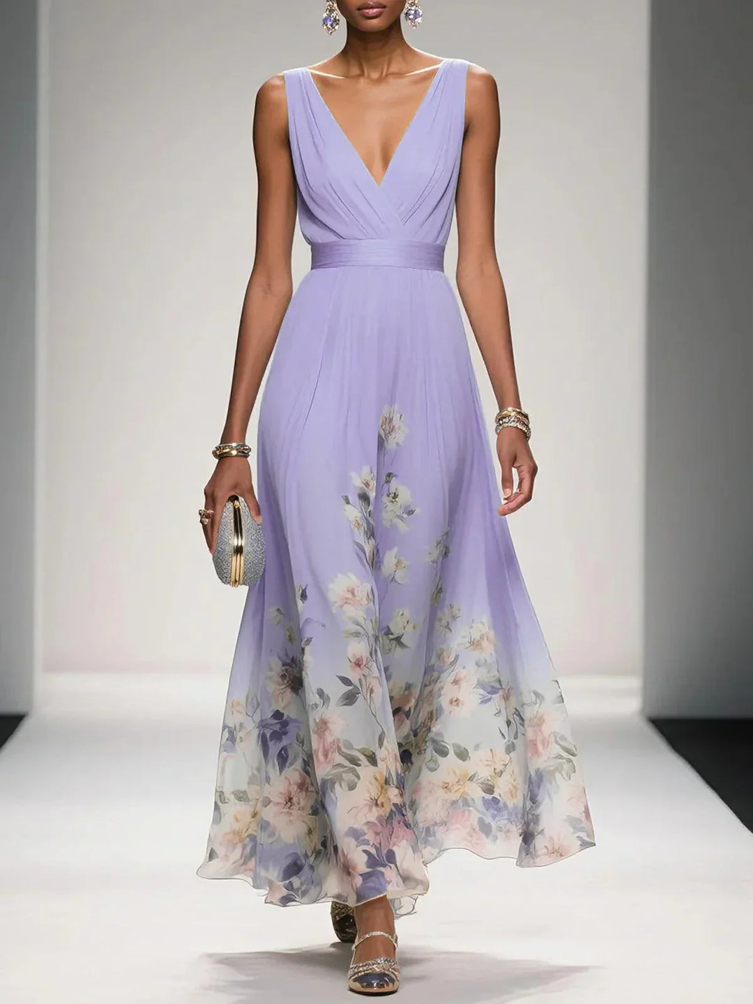 Rose | Robe Maxi Chiffon Fleurie Bleu Clair à Décolleté en V