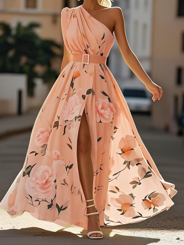Julie | Robe Maxi Chiffon Florale Vert Clair à Une Épaule