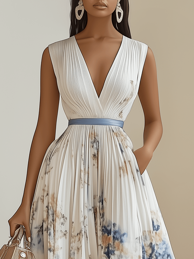 Chloe | Robe midi plissée en chiffon floral blanc à décolleté en V