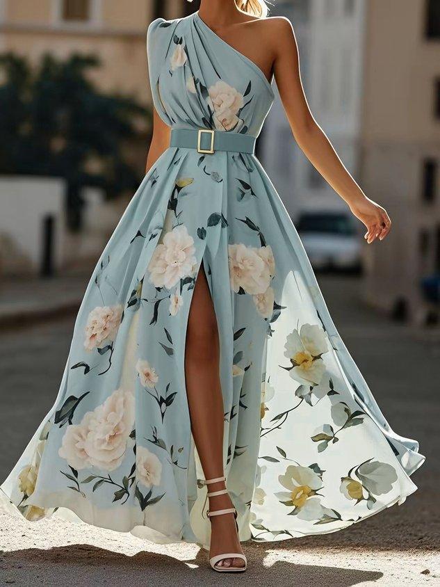 Julie | Robe Maxi Chiffon Florale Vert Clair à Une Épaule