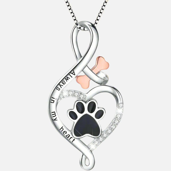 Collier Patte Chanceuse avec Cœur, Os & Infini – Pendentif « Toujours dans mon cœur »