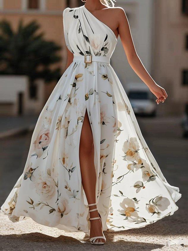 Julie | Robe Maxi Chiffon Florale Vert Clair à Une Épaule